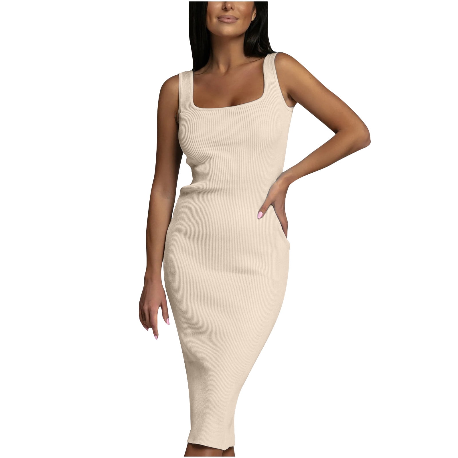 Mrat Womens Ribbed Squares Neck Dress Sleeveless Tank Stretchy Long Dresses Club Pencil Dress Cocktail Dresses S-119 Khaki M